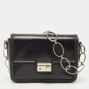 Pre Owned Prada Black Saffiano Patent Leather Sound Chain Shoulder Bag