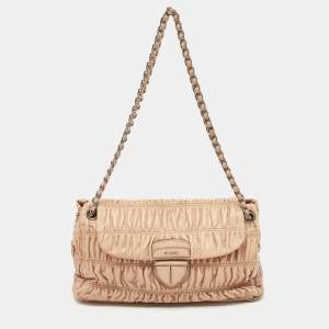 Prada Beige Gaufre Leather Logo Flap Chain Shoulder Bag