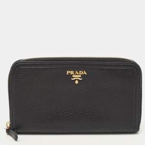 Prada Black Vitello Daino Leather Logo Zip Around Continental Wallet