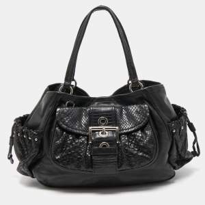 Pre Owned Prada Black Python, Lizard and Leather Buckle Pocket Tote