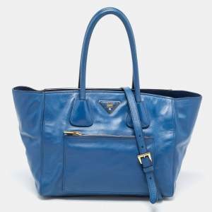 Prada Blue Leather Front Pocket Wing Tote