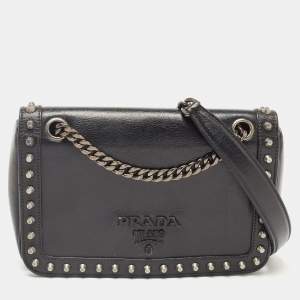 Prada Black Glace Leather Studded Flap Shoulder Bag