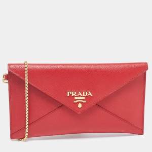 Prada Red Saffiano Leather Envelope Wristlet Clutch 
