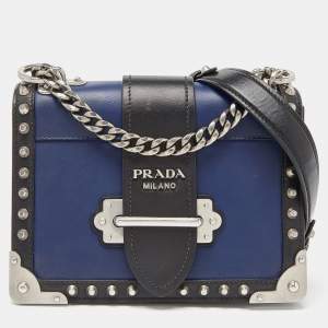 Prada Blue/Black Leather Cahier Studded Shoulder Bag