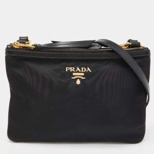 Prada Black Nylon and Leather Logo Double Zip Crossbody Bag  