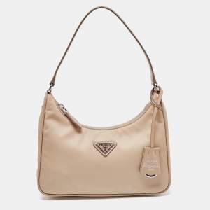 Pre Owned Prada Beige Nylon and Leather Re-Edition 2005 Baguette Bag