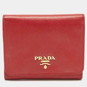Prada Red Saffiano Metal Leather Logo Trifold Compact Wallet