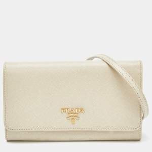 Prada Cream Saffiano Leather Wallet On Strap