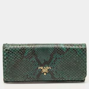 Pre Owned Prada Green/Black Python Flap Continental Wallet