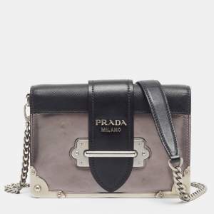 Pre Owned Prada Black/Metallic Saffiano Lux and Patent Leather Cahier Bag