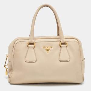 Prada Cream Vitello Daino Leather Zip Bowler Bag