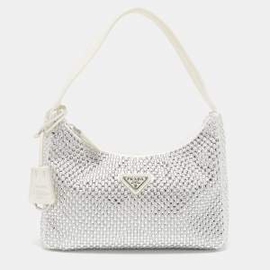 Prada White Satin Crystal Embellished Re-Edition 2000 Baguette