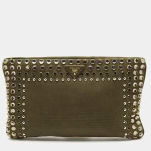 Prada Military Green Canvas Crystal Embellished Zip Pouch