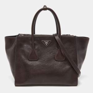Pre Owned Prada Dark Brown Leather Medium Twin Pocket Double Handle Tote