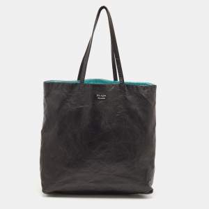 Prada Black/Teal Blue Nappa Antique Leather Reversible Tote
