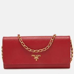 Pre Owned Prada Red Saffiano Metal Leather Wallet On Chain