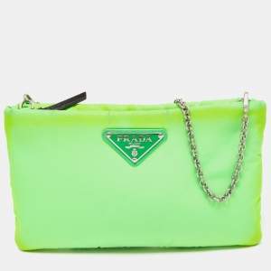 Pre Owned Prada Neon Green Nylon Zip Chain Clutch