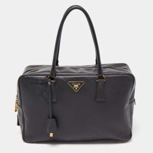 Prada Black Saffiano Lux Leather Bauletto Duffel Bag