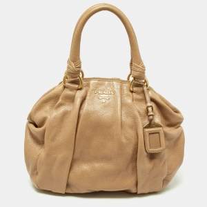Prada Beige Shine Leather Zip Hobo