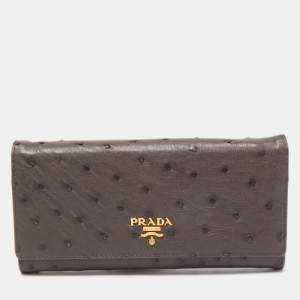 Pre Owned Prada Grey Ostrich Leather Logo Flap Continental Wallet