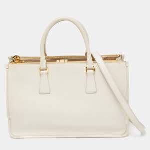 Prada White Saffiano Lux Leather Frame Tote