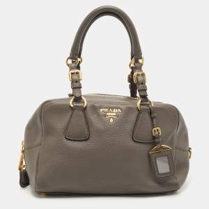Prada Dark Grey Vitello Daino Leather Bauletto Bag