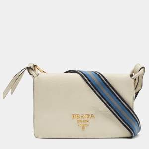 Prada Off White Leather Flap Crossbody Bag