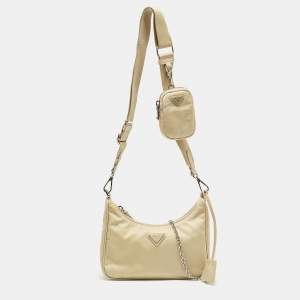 Prada Beige Nylon and Leather Re-Edition 2005 Baguette Bag