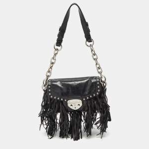 Prada Black Vitello Shine Leather Fringe Shoulder Bag