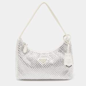 Pre Owned Prada White Fabric Crystal Re-Edition 2000 Baguette Bag