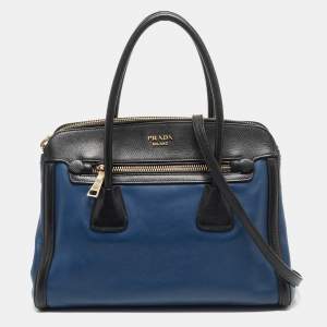 Prada Blue/Black Saffiano Leather Double Zip Satchel