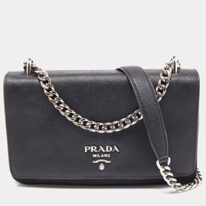 Prada Black Saffiano Leather and Nylon Logo Flap Shoulder Bag