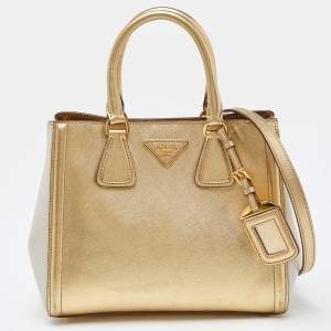 Prada Gold/White Saffiano Lux Leather Open Tote
