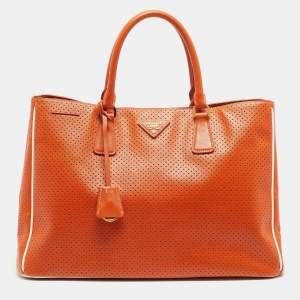 Prada White/Orange Perforated Saffiano Leather Large Gardener's Tote