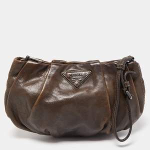 Prada Dark Brown Ruched Leather Wristlet Clutch