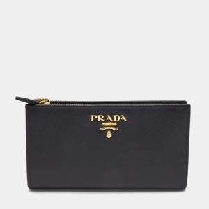 Prada Black Saffiano Metal Leather Middle Zip Wallet