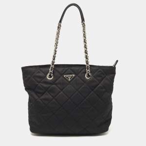 Prada Black Quilted Tessuto Impuntu Chain Tote