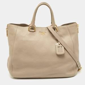 Prada Grey Vitello Daino Leather Side Zip Tote