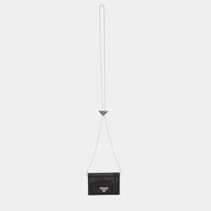 Pre Owned Prada Black Satin Crystals Embellished Triangular Logo Card Case with Chain 