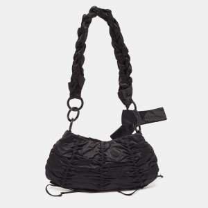 Prada Black Ruffles Nylon Bow Baguette Bag