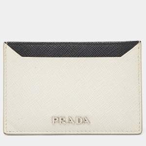 Pre Owned Prada Off White/Black Saffiano Leather Card Holder