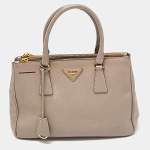 Pre Owned Prada Grey Saffiano Lux Leather Small Galleria Double Zip Tote