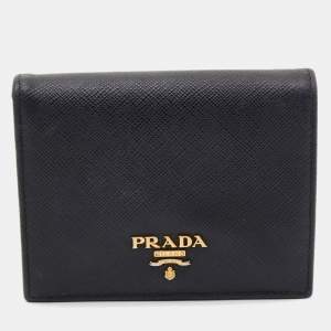 Prada Black Saffiano Metal Leather Logo Flap Card Case