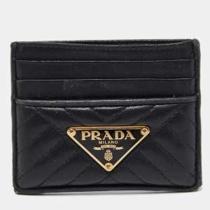 Prada Black Quilted Leather Triangular Logo Card Holder 