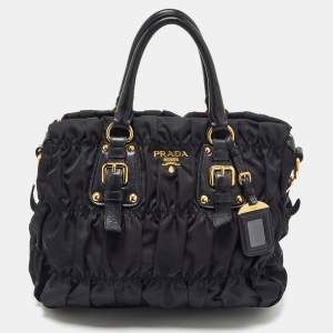 Prada Black Gaufre Nylon and Leather Tote
