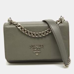 Prada Grey Saffiano Leather Flap Crossbody Bag