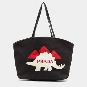Pre Owned Prada Black Canvas Canapa Dinosaur Tote