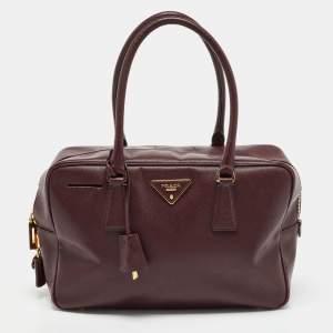 Pre Owned Prada Burgundy Saffiano Lux Leather Bauletto Bag
