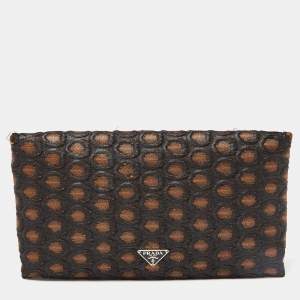 Prada Brown/Beige Embroidered Fabric Frame Clutch 