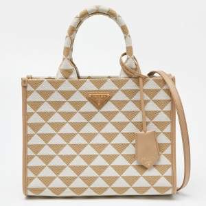 Prada Beige Embroidered Fabric and Leather Small Symbole Tote